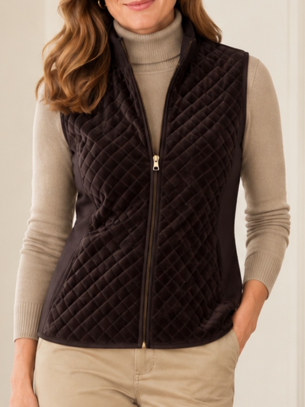 Susan Graver Weekend Velour Quilted Knit Zip Front Vest in Brown, size XXS